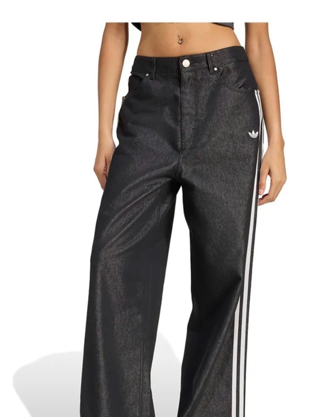 adidas originals baggy shiny Black Wide-Leg Jeans with White Side Stripes